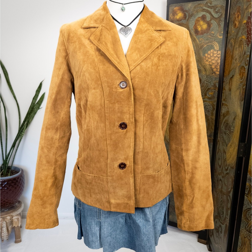 Y2K Camel Suede Leather Blazer Jacket Fitted‎ Notch Lapel Boho